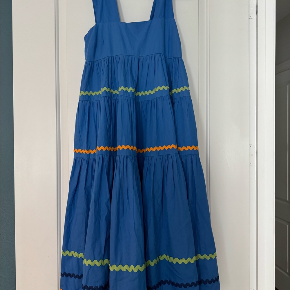 Anthropologie Blue Dress with Green and Orange Accents